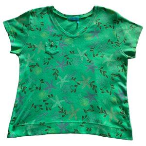 FRESH PRODUCE Womens' Green Seashell Print Logo Fem V-Neck Tee SZ XL